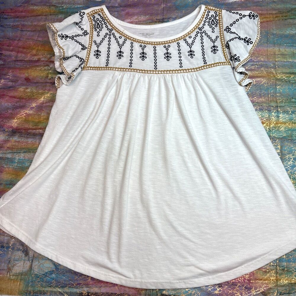 Lane Bryant Plus Size 18 20 White Swing Tee Flutter Sleeve Embroidered detail